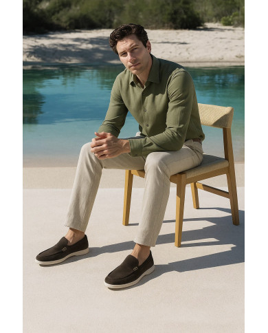 Chemise Col ouvert vert kaki 100% coton aspect lin