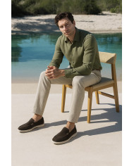 Chemise Col ouvert vert kaki 100% coton aspect lin