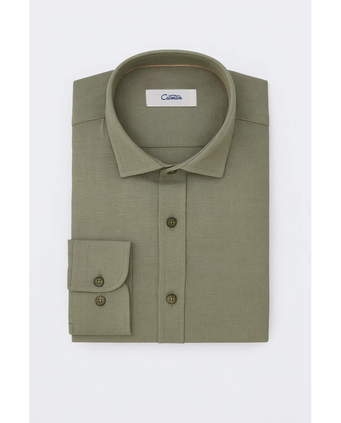 Chemise Col ouvert vert kaki 100% coton aspect lin