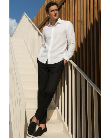 Chemise Col ouvert en blanche 100% coton aspect lin Chemise Col ouvert en blanche 100% coton aspect lin