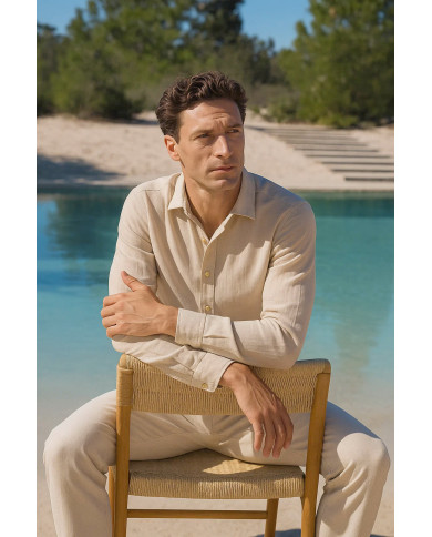 Chemise Col ouvert en beige 100% coton aspect lin Chemise Col ouvert en beige 100% coton aspect lin