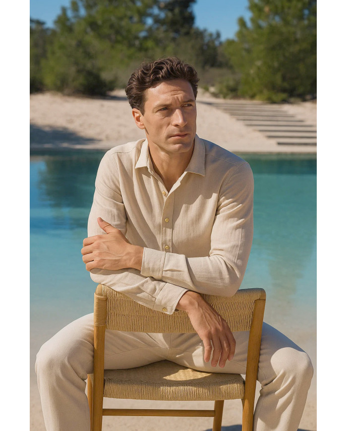 Chemise Col ouvert en beige 100% coton aspect lin