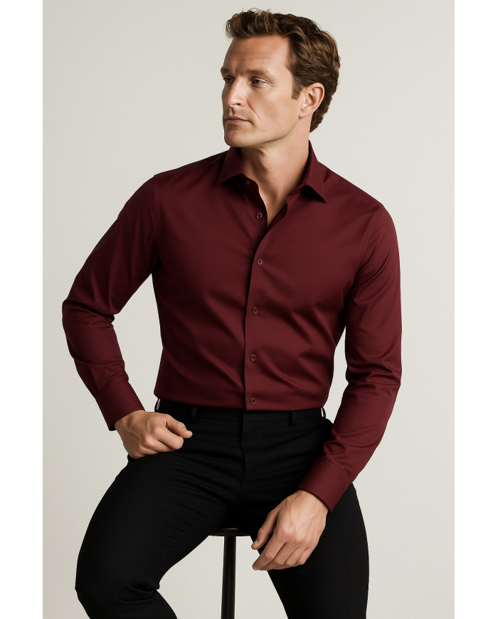 Cravate.tn | Chemise Col Français en popeline stretch - bordeaux