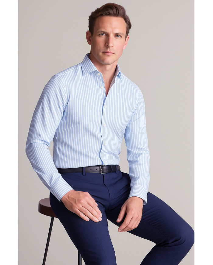 Chemise col Français Blanche avec rayure bleu ciel tissé