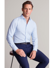Chemise col Français Blanche avec rayure bleu ciel tissé