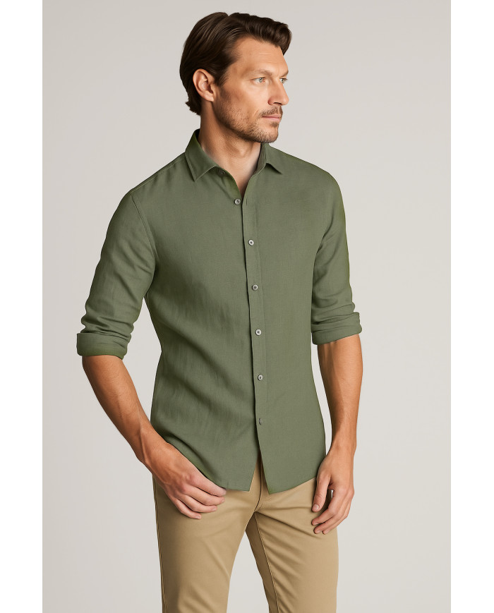 Chemise Col ouvert vert kaki 100% coton aspect lin