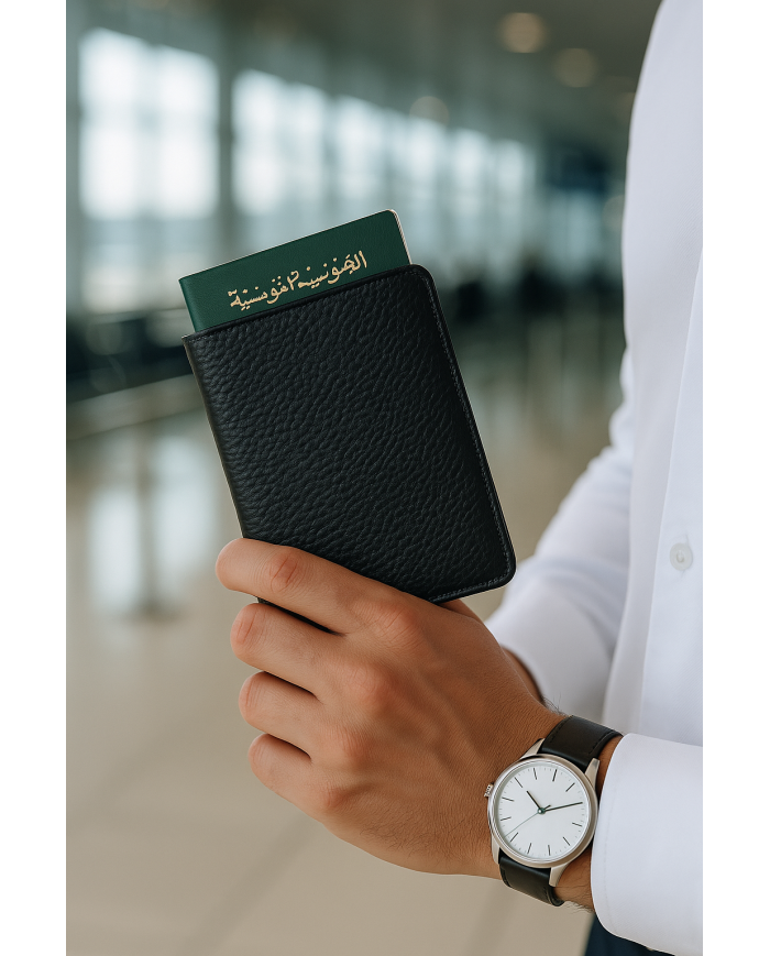 Cravate.tn |  Porte Passeport en cuir noir grainé