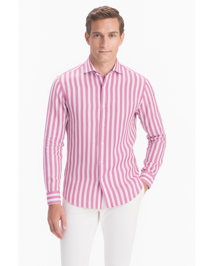 Chemise Col ouvert rayé rose 100% coton aspect lin