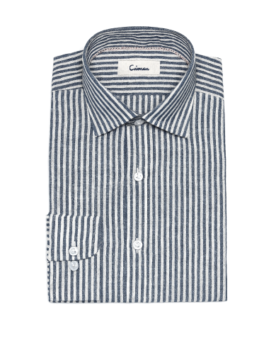 Chemise Col ouvert rayé bleu nuit 100% coton aspect lin