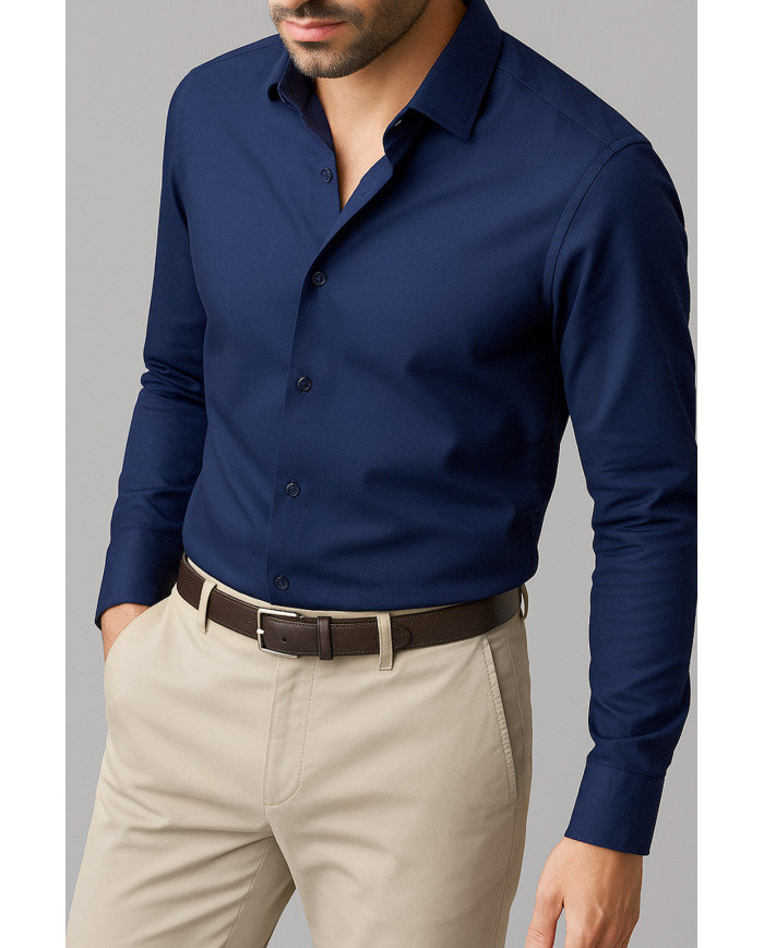 Cravate.tn | Chemise Col Français en popeline stretch - bleu marine