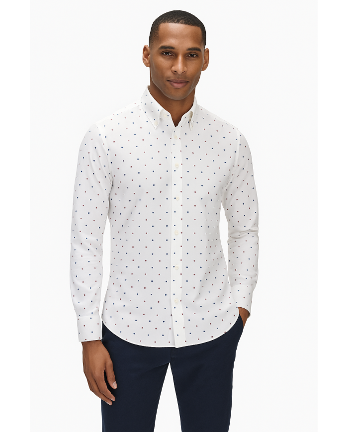 Chemise col boutonné Blanche avec des petits carreaux imprimés