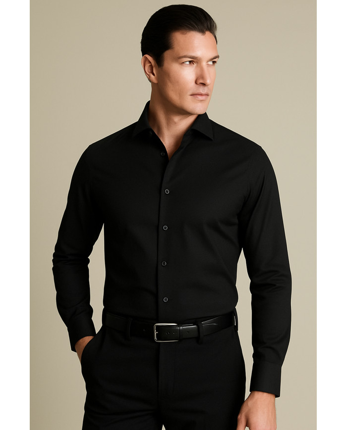Cravate.tn | Chemise Col Français en popeline stretch - noir