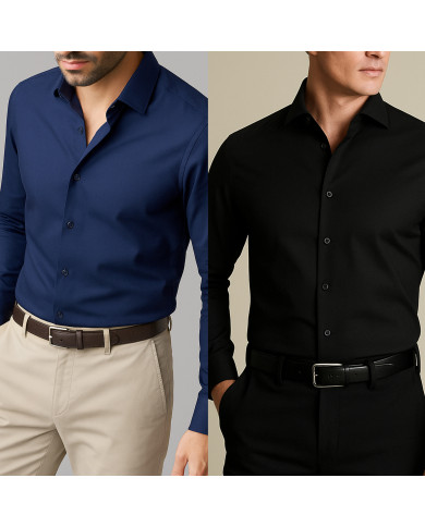 Pack 2 Chemises Col francais en popeline stretch - noir et bleu marine Pack 2 Chemises Col francais en popeline stretch - noir et bleu marine