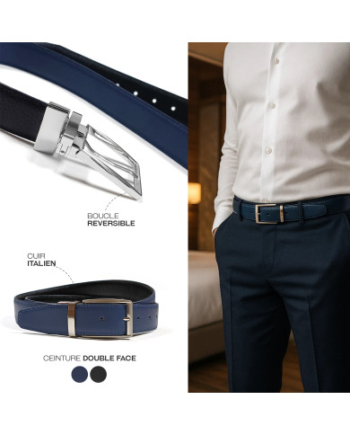Ceinture cuir réversible : Bleu marine & noir Ceinture cuir réversible : Bleu marine & noir