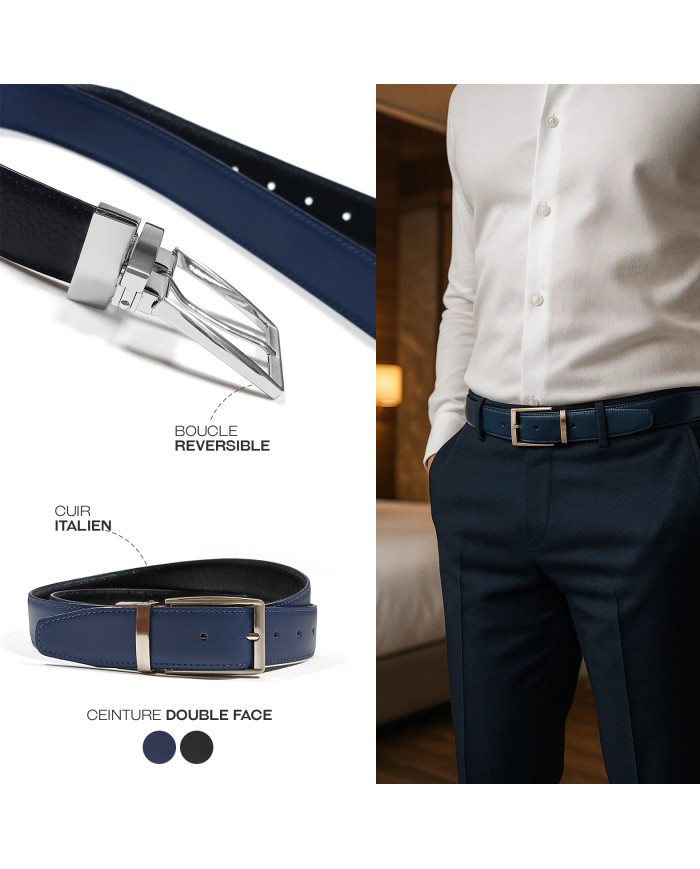Ceinture cuir réversible : Bleu marine & noir