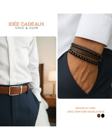 Pack duo : Bracelet en cuir et ceinture double face noir et marron crispé Pack duo : Bracelet en cuir et ceinture double face noir et marron crispé