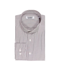 Chemise col italien Blanche avec rayure marron tissé