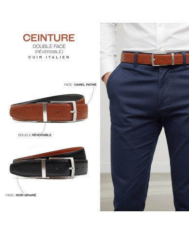 Ceinture cuir réversible : Camel patiné et noir grainé Ceinture cuir réversible : Camel patiné et noir grainé