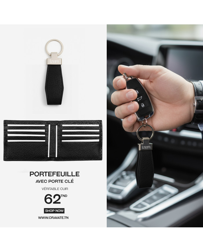 Portefeuille et porte clé en cuir noir grainé