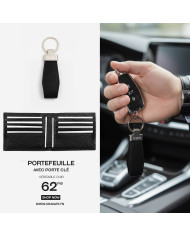 Portefeuille et porte clé en cuir noir grainé
