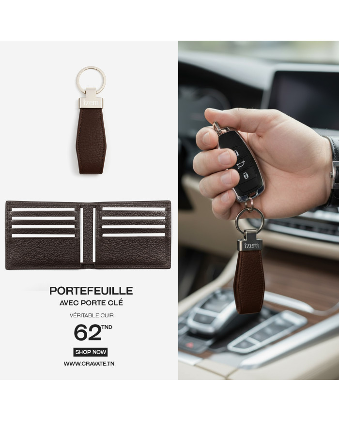 Portefeuille et porte clé en cuir marron grainé