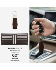 Portefeuille et porte clé en cuir marron grainé Portefeuille et porte clé en cuir marron grainé