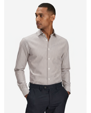 Chemise col italien Blanche avec rayure marron tissé Chemise col italien Blanche avec rayure marron tissé