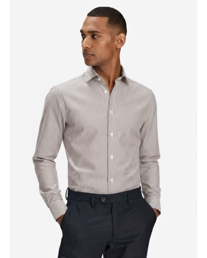 Chemise col italien Blanche avec rayure marron tissé