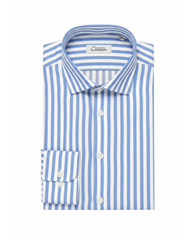 Chemise col ouvert Blanche avec rayure bleu ciel (100% coton)