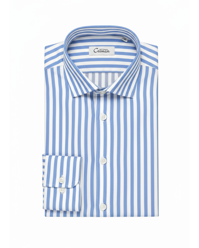 Chemise col ouvert Blanche avec rayure bleu ciel (100% coton)
