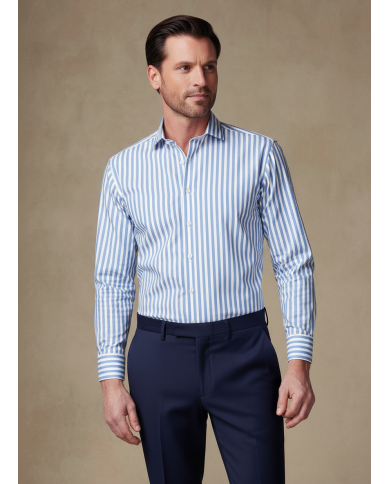 Chemise col ouvert Blanche avec rayure bleu ciel (100% coton) Chemise col ouvert Blanche avec rayure bleu ciel (100% coton)