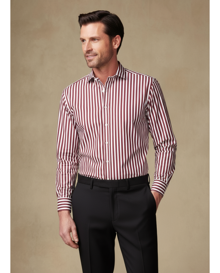 Chemise col ouvert Blanche avec rayure bordeaux (100% coton)