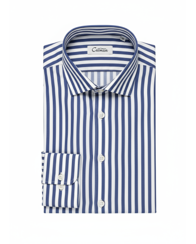 Chemise col ouvert Blanche avec rayure bleu marine (100% coton)