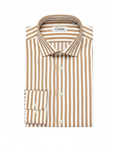 Chemise col ouvert Blanche avec rayure beige (100% coton)