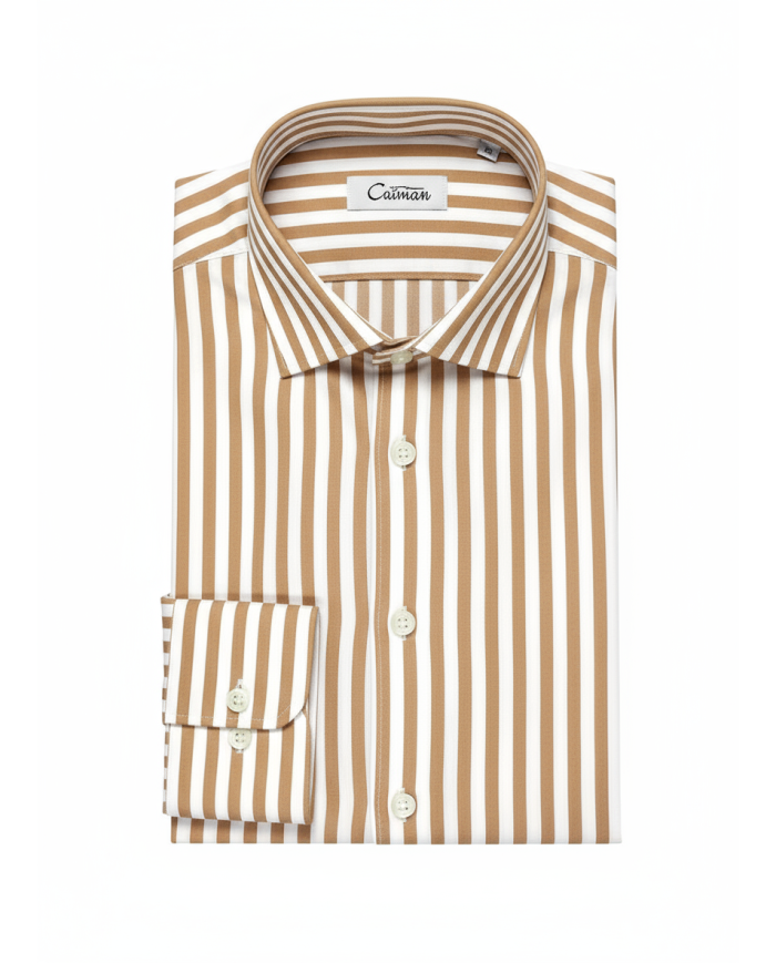 Chemise col ouvert Blanche avec rayure beige (100% coton)