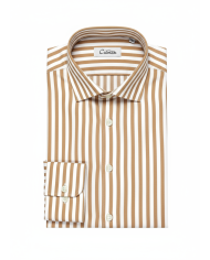 Chemise col ouvert Blanche avec rayure beige (100% coton)