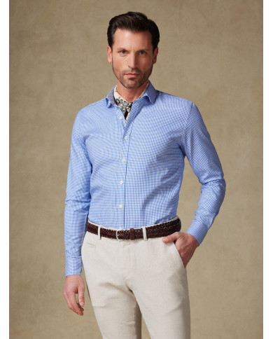 Chemise col ouvert vichy en bleu ciel 100% coton Chemise col ouvert vichy en bleu ciel 100% coton