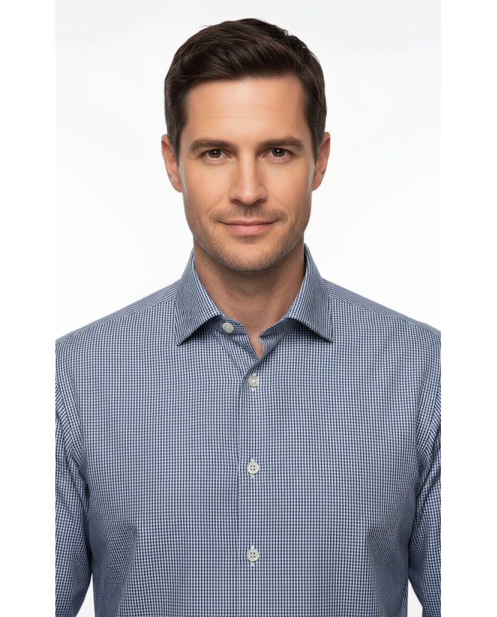 Chemise col ouvert vichy en bleu marine 100% coton