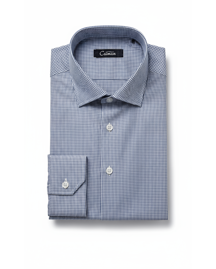 Chemise col ouvert vichy en bleu marine 100% coton