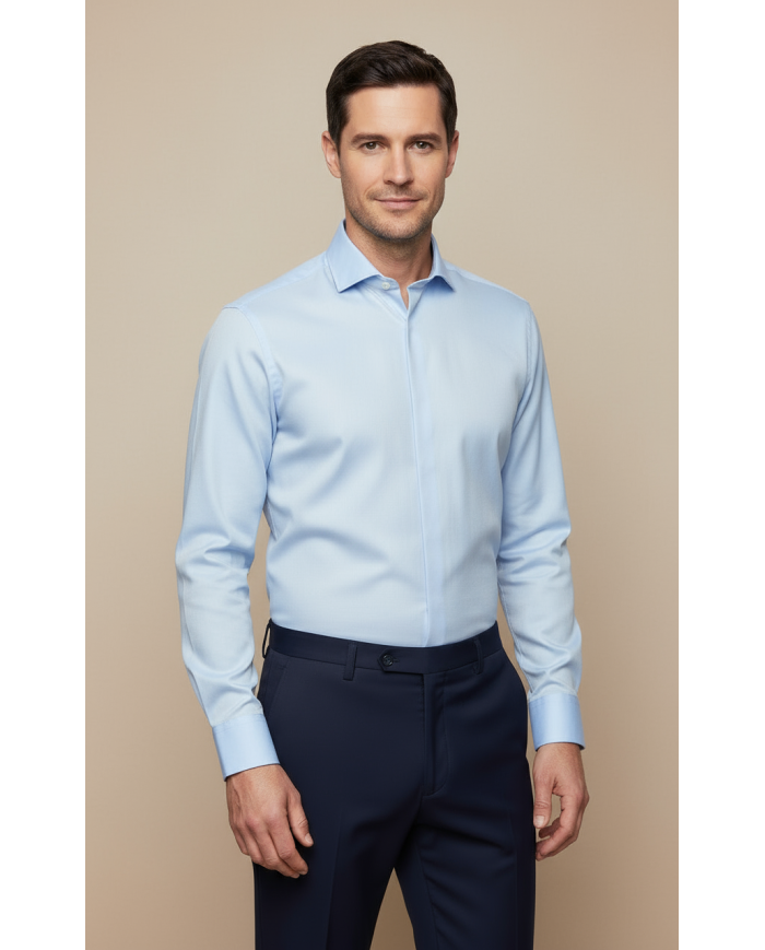 Cravate.tn | Chemise Col italien avec boutons cachés stretch - Bleu ciel Cravate.tn | Chemise Col italien avec boutons cachés stretch - Bleu ciel