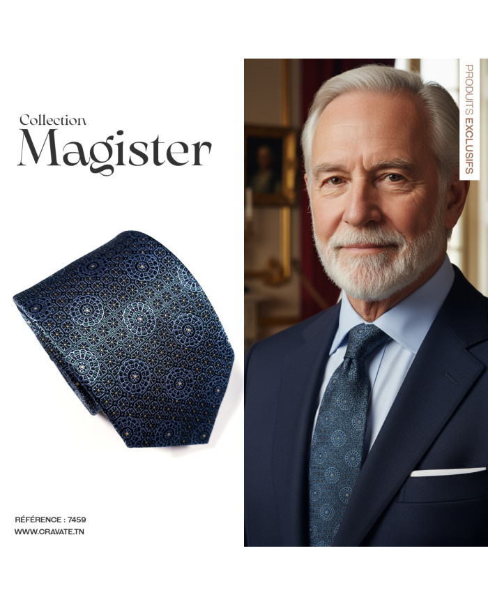 Cravate.tn | Collection Magister : Cravate Bleu pétrole avec motifs géométrique