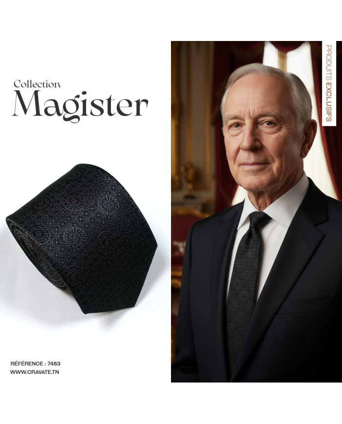 Cravate.tn | Collection Magister : Cravate noire avec motifs géométrique