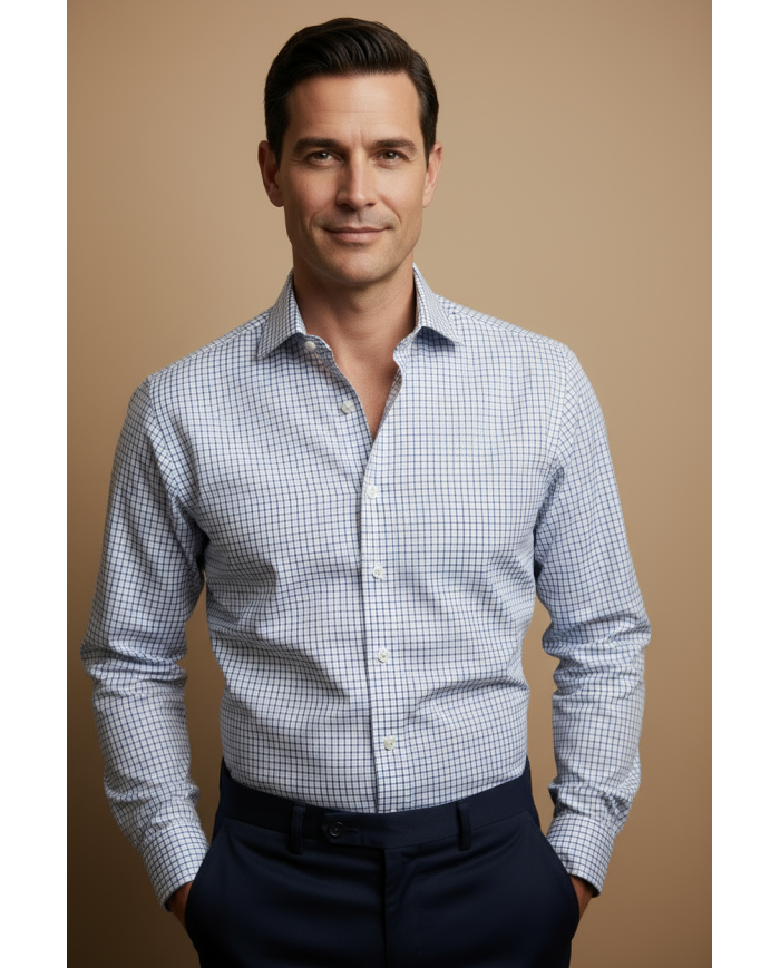 Chemise col ouvert à carreaux bleu marine