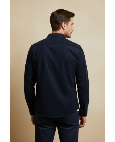 Chemise col ouvert Blanche avec rayure bleu marine (100% coton)