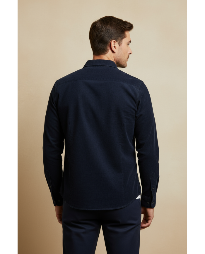 Chemise col ouvert Blanche avec rayure bleu marine (100% coton)