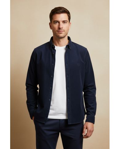Chemise col ouvert Blanche avec rayure bleu marine (100% coton) Chemise col ouvert Blanche avec rayure bleu marine (100% coton)