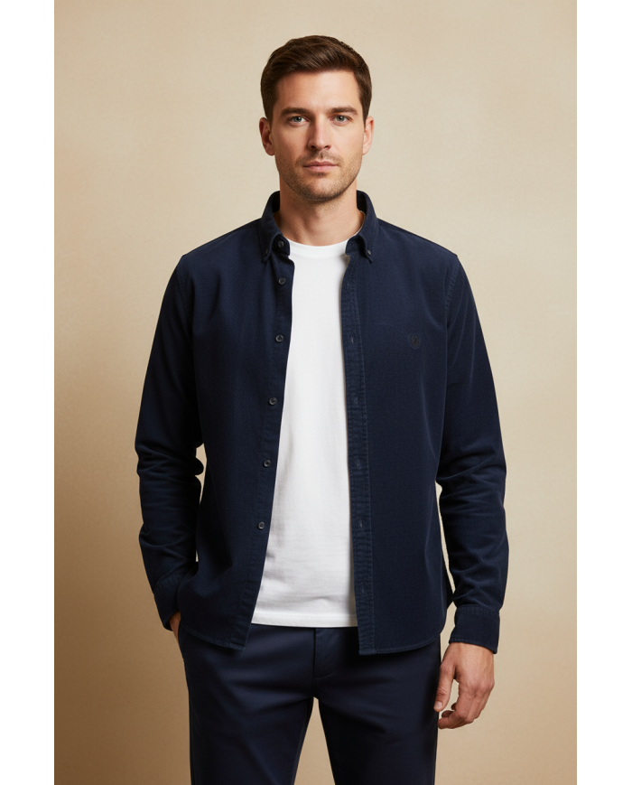 Chemise col ouvert Blanche avec rayure bleu marine (100% coton)