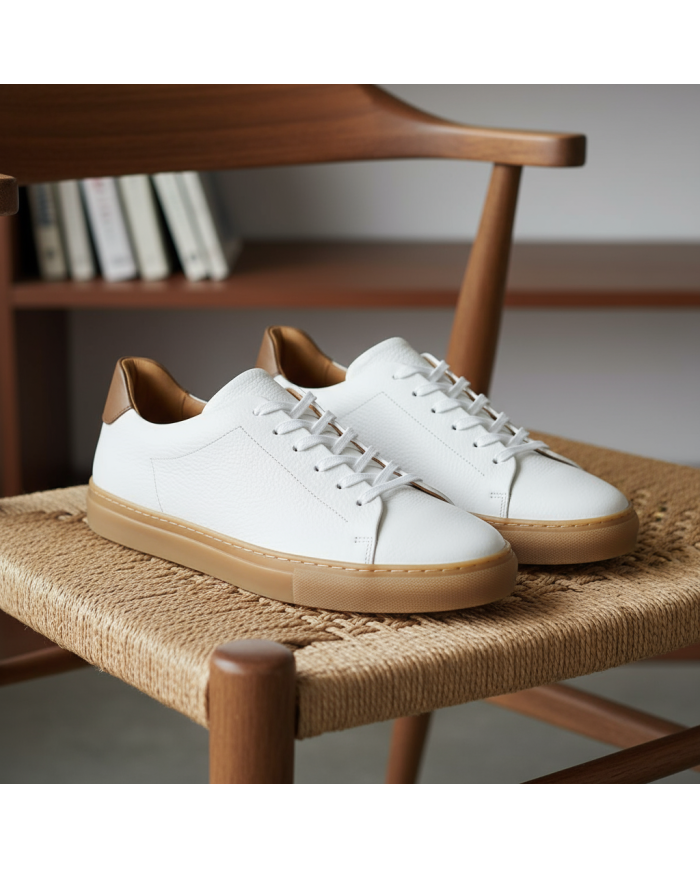Cravate.tn | Sneakers Cuir blanc crispé avec semelle en miel - Izem