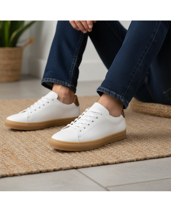 Cravate.tn | Sneakers Cuir blanc crispé avec semelle en miel - Izem