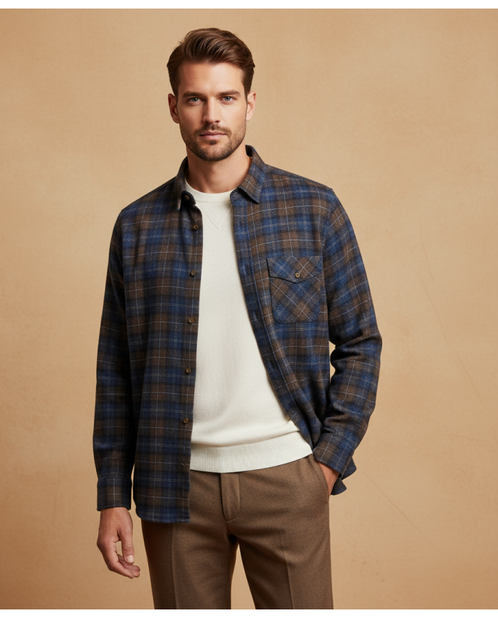 Cravate.tn | Chemise en Flanelle à Carreaux Bleu Marine et marron